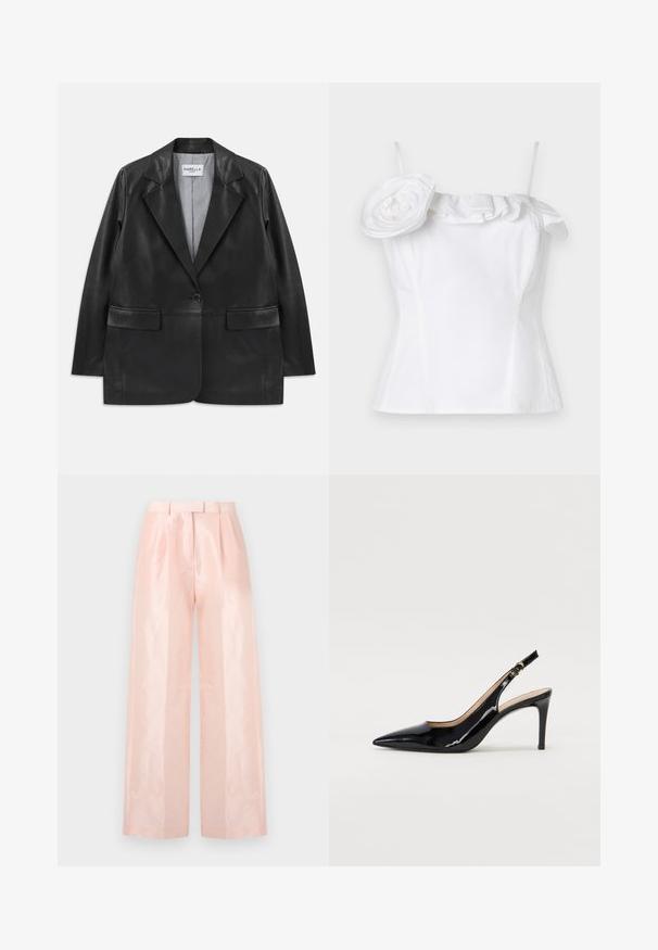Černý kožený blazer s klopovými límci, jedním knoflíkem, kapsami s klopami a pruhovanou podšívkou.; Bílý bezrukávový top s volánkovým výstřihem a velkým dekorativním květinovým akcentem na jedné straně; hladká textura, přiléhavý střih.; Světle růžové kalhoty s vysokým pasem a širokými nohavicemi, s hladkým, lesklým povrchem, záhyby v přední části a odpovídajícím páskem.; Černé lakované slingback lodičky s špičatou špičkou, úzkým podpatkem a jemným výřezem. Obsahují zlatou sponu na řemínku.