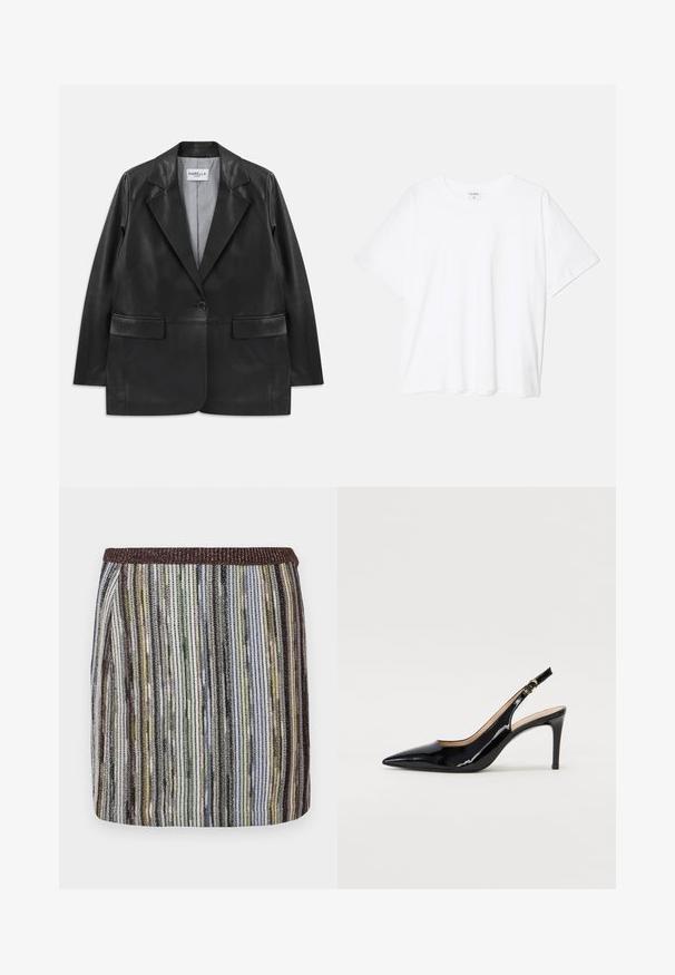 Fekete bőr blézer, élkivágással, egygombos záródással, hajtott zsebekkel és csíkos bélésével.; Fehér pamut póló rövid ujjal, kerek nyakkivágással, laza fazonnal és varrott szegéllyel. Címke látható a belső nyakrészén.; Rövid, testhezálló szoknya, amely sokszínű függőleges csíkokkal rendelkezik zöld, fekete és barna árnyalatokban, texturált, rugalmas derékkal.; Fekete lakk bőr kötött magassarkú cipő, hegyes orral és karcsú sarokkal, finom kivágásos dizájnnal. Az övön arany csatt található.