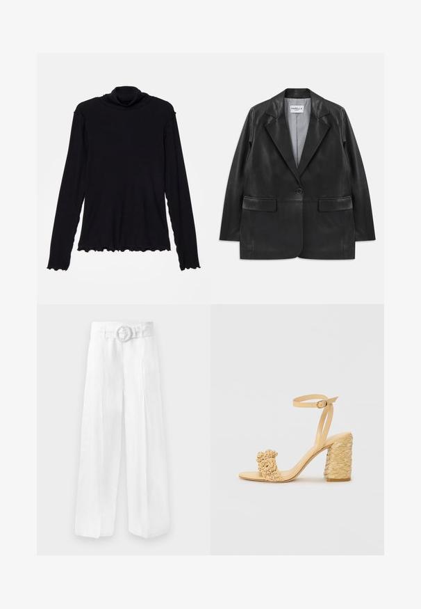 Blazer en cuir noir avec revers à cran, fermeture à un seul bouton, poches à rabat et doublure intérieure à rayures.; Rodebjer CISNE - T-shirt à manches longues - black; Pantalons en lin blancs à jambes larges, avec une taille ceinturée arborant une boucle circulaire. Texture lisse avec une coupe ample, sans motifs visibles.; Sandale à talons hauts beige avec une texture tressée, ornée d'une fleur décorative et d'une bride à la cheville. Le talon carré ajoute de la stabilité.