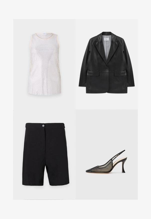 Black leather blazer with notch lapels, single button closure, flap pockets, and striped inner lining.; Sleeveless mesh top in light gray, featuring a round neckline and a subtle beige trim. The fabric has a netted texture with evenly spaced holes.; Black shorts made of lightweight fabric, tailored design with a button front closure, flat waistband, and straight-cut legs.; Black slingback high-heeled shoe featuring a pointed toe, mesh detailing, and a smooth leather cap. Colors include black and beige accents.