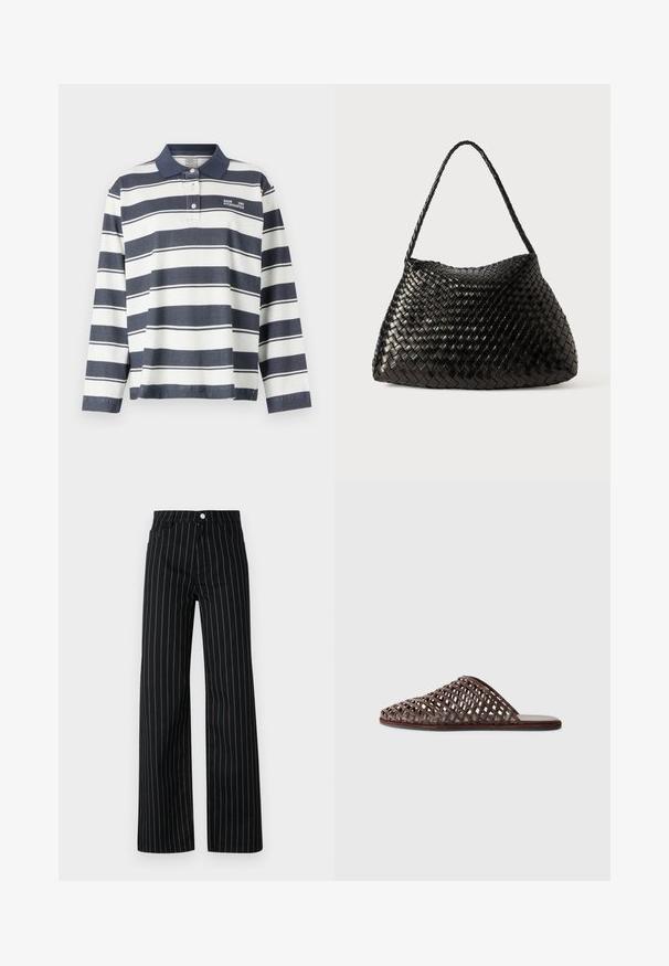 Fekete bőr blézer, élkivágással, egygombos záródással, hajtott zsebekkel és csíkos bélésével.; Kék és fehér csíkos, hosszúujjú pólóing. Gallérral, három gombos záródással és bal oldali mellkasi logóval rendelkezik. Pamut keverékből készült.; Fekete, széles szárú nadrág, függőleges kék csíkozással, klasszikus öt zsebes kialakítással és elöl gombos záródással.; Barna szőtt csúsztatós szandál lekerekített orral, nyitott dizájnnal, lapos talppal és texturált felülettel. Könnyű anyag és minimalista sziluett.; Fekete szőtt bőr kézi táska, amely ívelt, puha formájú és egyetlen fonott pánttal rendelkezik, sima felülete és bonyolult mintázata van.