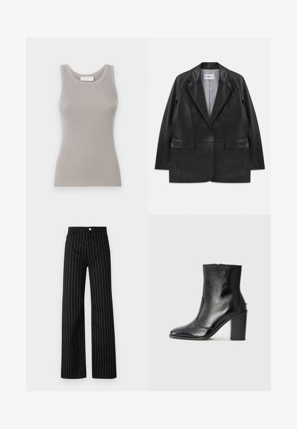 Černý kožený blazer s klopovými límci, jedním knoflíkem, kapsami s klopami a pruhovanou podšívkou.; Šedý žebrovaný top bez rukávů s kulatým výstřihem a širokými ramínky. Má měkkou texturu a těsně přiléhající střih. Viditelná značka.; Černé široké kalhoty s vertikálními modrými pruhy, s klasickým pětitrefovým designem a předním zapínáním na knoflík.; Černé kožené kotníkové boty s hladkou texturou, špičatou špičkou a robustním vysokým podpatkem. Mají boční otvor a minimalistický design.