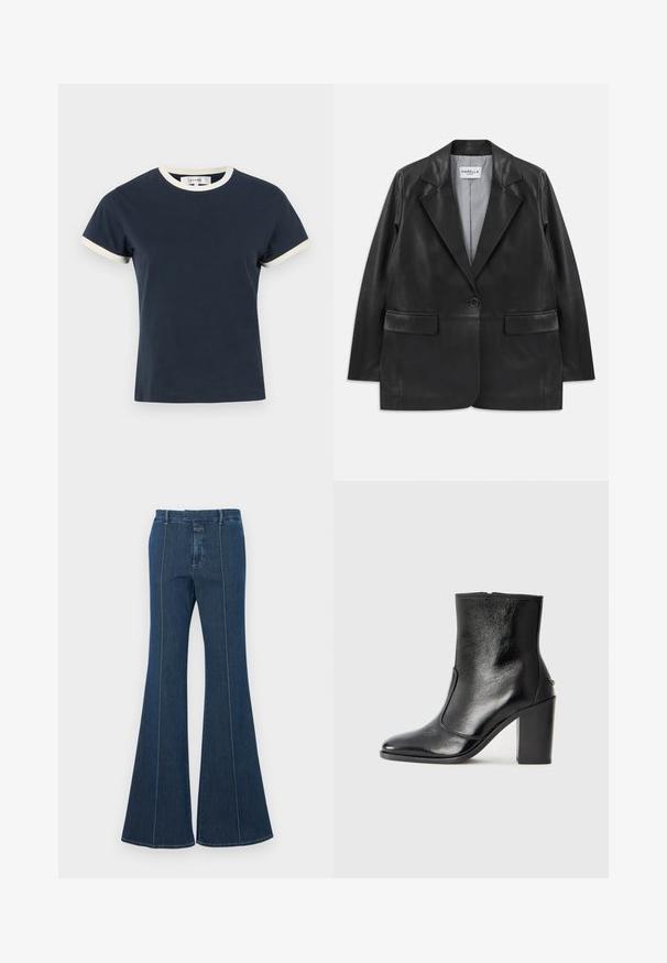 Blazer de couro preto com lapelas recortadas, fecho com um único botão, bolsos de aba e forro interior riscado.; FRAME THE RINGER BABY TEE - T-shirt básica - namu; Calças de ganga à boca de sino em azul escuro, com costuras estruturadas e um acabamento limpo. Apresenta uma cintura de altura média e pernas largas e fluidas.; Bota ankle preta em pele com uma textura suave, bico fino e um salto alto robusto. Apresenta uma abertura lateral e um design minimalista.