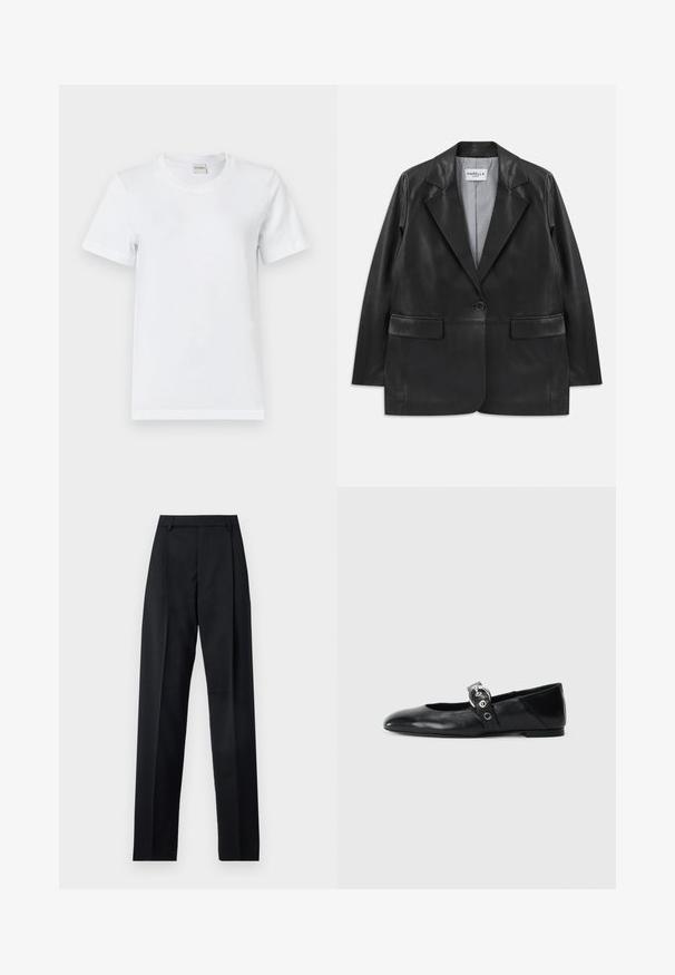 Blazer de couro preto com lapelas recortadas, fecho com um único botão, bolsos de aba e forro interior riscado.; T-shirt branca de algodão com decote redondo, mangas curtas, barra reta e uma textura suave. Sem padrões ou hardware adicional.; Calças pretas feitas de um tecido suave, com uma cintura alta, pernas largas, pregas frontais e passadores de cinto clássicos. Não há bolsos laterais visíveis.; Sapatilhas de balé pretas em couro com bico pontiagudo, apresentando uma correia com uma fivela metálica circular e sola plana.