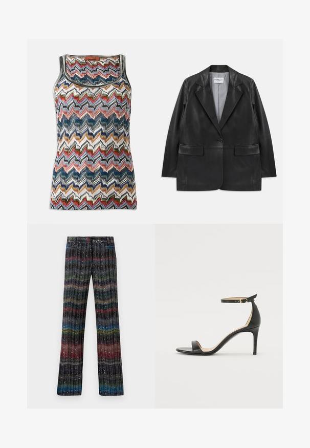 Must musta jope, millel on notch-lapellid, ühe nupuga kinnis, klapp-taskud ja triibuline sisetasku.; Varruka vaba kudumüts multivärvilise zigzag-mustriga punaste, siniste, mustade, valgete ja kuldsete toonidega, millel on ümar kaelus ja Missoni silt.; Mitmevärvilised, sädelevad laiad püksid, millel on vertikaalne triibumuster mustades, punastes, rohelistes, sinistes ja kuldsetes toonides. Elastne vöökoht.; Must musta kõrgete kontsadega sandaal, millel on pahkluule kinnituv rihm. Omab sileda tekstuuri, avatud varbaosa ning õhukest kontsa. Kuldtooniline pandla detail.