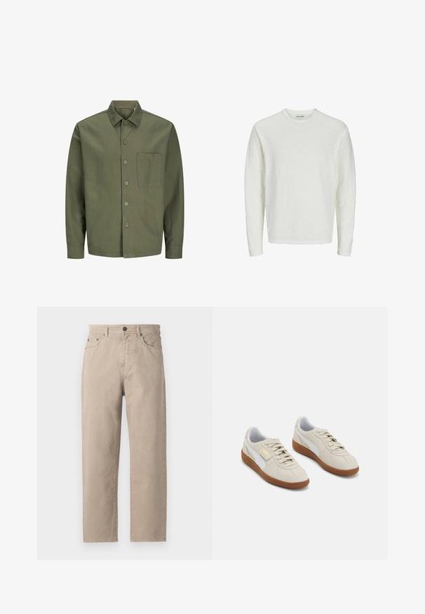Olive zelena srajca z gumbi, izdelana iz bombaža, z ovratnikom, sprednjo žeporto in dolgimi rokavi z gumbom za zapiranje.; Majica s dolgimi rokavi v off-white barvi, iz teksturirane tkanine. Oblikovana je z okroglim izrezom, brezšivnimi rameni in ravnim robom. Brez vidnih vzorcev ali akcentov.; Bež hlače iz bombaža s ravnim krojem, z gumbom za zapiranje, petimi žepi in diskretnimi šivi. Gladka tekstura.; Bež semiš superge z belimi usnjenimi detajli in rjavimi gumijastimi podplati. Imajo okroglo konico, vezalke in zlat logotip na strani.
