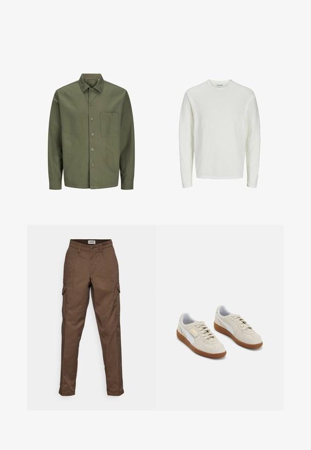 Tamsiai žalia medvilninė marškinėlių palaidinė su apykakle, priekyje yra kišenė, o ilgomis rankovėmis su mygtukais.; Ilga rankovė marškiniai kreminės spalvos, tekstūruoto audinio. Apvalaus kaklo dizainas be siūlių ant pečių ir tiesi apykaklė. Nėra matomų raštų ar akcentų.; Rudos cargo kelnės su plokščiu priekiu, dviem šoninėmis kišenėmis ir viena cargo kišene kairėje kojoje. Pagamintos iš patvarios medžiagos su tiesios kojų išvaizda.; Šviesiai rudos suknelių sportbačiai su baltais odiniais akcentais ir rudomis gumos padangomis. Įrengta apvali nosis, raišteliai ir auksinis logotipas šone.