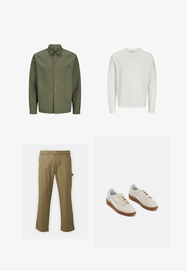 Olijfgroen button-up shirt van katoen, met een kraag, voorzak en lange mouwen met knoopsluiting bij de manchetten.; Langarmshirt in off-white, van textuurstof. Ronde halsontwerp met naadloze schouders en rechte zoom. Geen zichtbare patronen of accenten.; Khaki broek van gladde stof, met een knoopsluiting, riemlussen, twee voorkruisen en een zijzak, met een rechte pijpdesign.; Beige suède sneakers met witte leren accenten en bruine rubberen zolen. Voorzien van een ronde neus, veters en een gouden logo aan de zijkant.