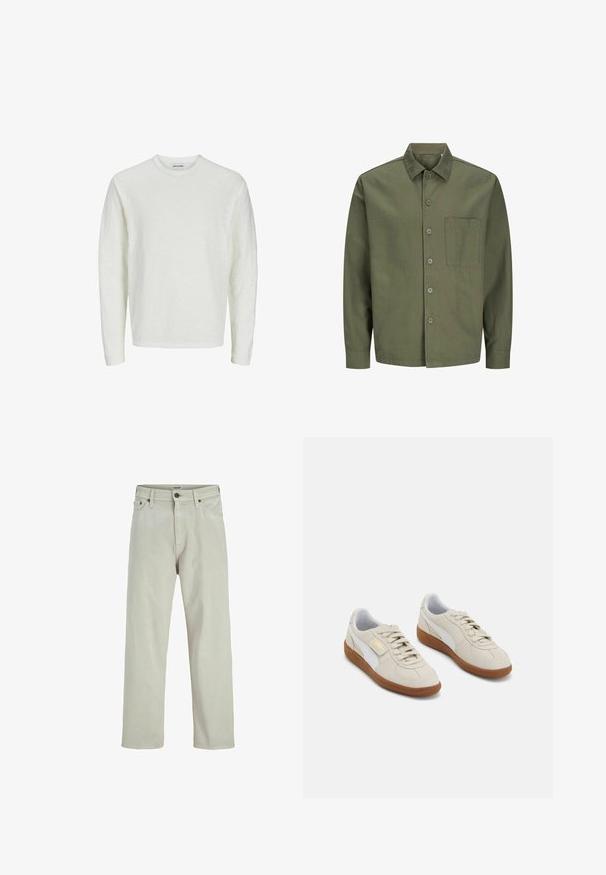Olíva zöld gombos ing, pamutból készült, lehajtható gallérral, elülső zsebbel és hosszú ujjakkal, amelyek gombbal záródnak.; Hosszú ujjú ing tört fehér, struktúrált anyagból. Kerek nyakú kialakítás, varrat nélküli vállakkal és egyenes aljjal. Nincsenek látható minták vagy díszítések.; Világos bézs farmernadrág, egyenes lábbal, öt zsebes stílus, gombos derékkal, minimális varrási részletekkel.; Beige suéd cipők fehér bőr részletekkel és barna gumitalppal. Kerek orral, fűzőkkel és arany logóval az oldalon.