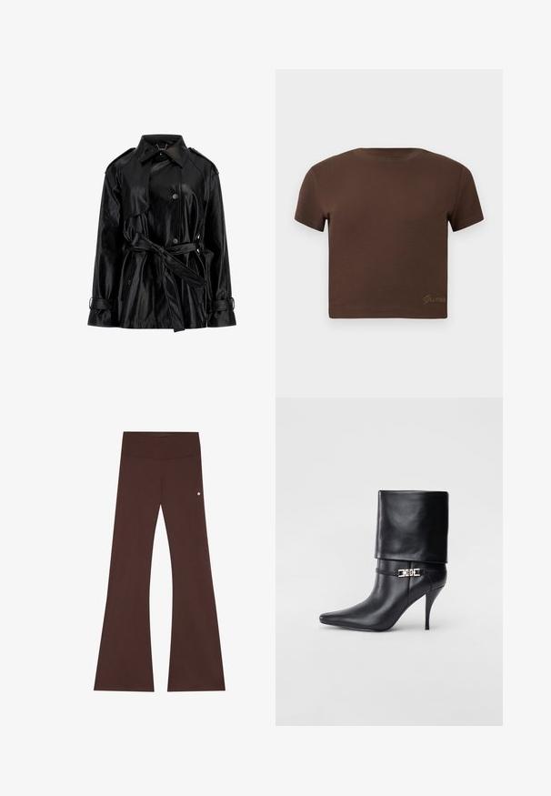 Schwarze Kunstlederjacke mit tailliertem Schnitt, Knopfleiste, weitem Kragen, Schulterklappen und Riemen an den Ärmeln.; Braunes, kurzes T-Shirt aus weicher Baumwolle mit kurzen Ärmeln und Rundhalsausschnitt. Mit dezentem, goldfarbenem "Guess"-Logo am unteren Rand.; Braune Schlaghose aus weichem Material mit einem breiten Bund, glatter Textur und einem kleinen Logopunkt an der Seite.; Schwarze Leder-Ankle-Boots mit spitzer Zehenpartie, hohen Stiletto-Absätzen, umgeschlagenem Schaft und einem goldenen dekorativen Schnallen-Detail an der Knöchel.