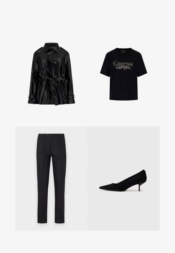 Zwarte faux leren jas met een tailleband, knoopsluiting, brede kraag, schouderepauletten en gespsluitingen aan de mouwen.; Zwarte katoenen t-shirt met een ronde halslijn en korte mouwen. Beschikt over een glinsterend "Guess" logo en de tekst "Opgericht negentien eenentachtig".; Zwarte tailored broek met een slim fit, vlakke voorkant en twee achterzakken. Gemaakt van een gladde stof met subtiele stikseldetails langs de naden.; Zwarte suède hoge hak met een spitse neus en een slanke, lage hak. Gladde textuur met een strakke vormgeving, zonder zichtbare hardware.