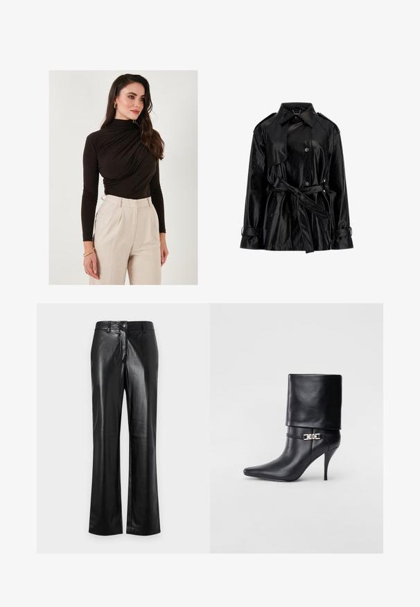 Black faux leather jacket with a belted waist, button front, wide collar, shoulder epaulets, and buckle strap cuffs.; LELA SLIM FIT - Long sleeved top - brown; Black leather pants with a straight leg design, featuring a front button closure, belt loops, and a smooth, polished texture.; Black leather ankle boot with a pointed toe, high stiletto heel, fold-over cuff, and a gold decorative buckle detail on the ankle.