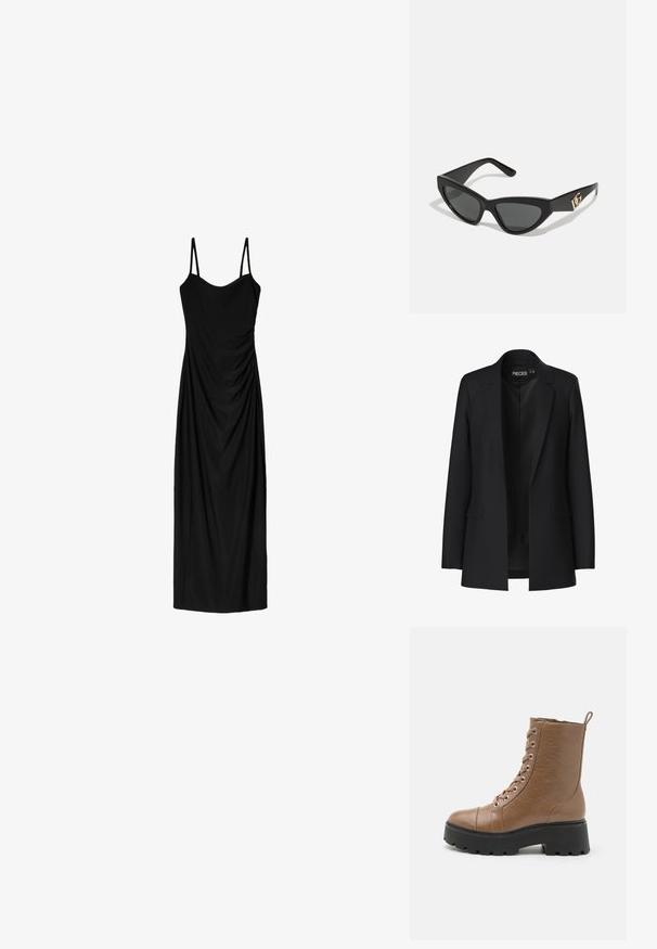 Musta bleiseri, jossa on räätälöity muotoilu, leikatut kaulukset, kaksi etutaskua ja avoin etuosa. Valmistettu sileästä kankaasta, jossa on jämäkkä muoto.; Mustat midi-mekko, jossa on ohuet säädettävät olkaimet. Mekossa on liehuva muotoilu ja sileä pinta. Ei näkyviä kuvioita tai koristeluja.; Ruske mokasine iz umetne kože s debelim črnim podplatom, okruglim prstom, zavezovanjem spredaj in zanko na zadnjem delu. Podrobnosti z teksturirano površino.; Aurinkolasit kissansilmällä, joissa on matta musta muovikehys, tummat linssit ja kultainen logokiinnitys temppeleissä. Kulmikas muotoilu ja sileä pinta.; Ruskea nahkainen olkalaukku, jossa on logokuvio, kultaketjuolkaint, vetoketjukiinnitys ja kultaiset metalliosat. Kompakti ja suorakulmainen muoto.