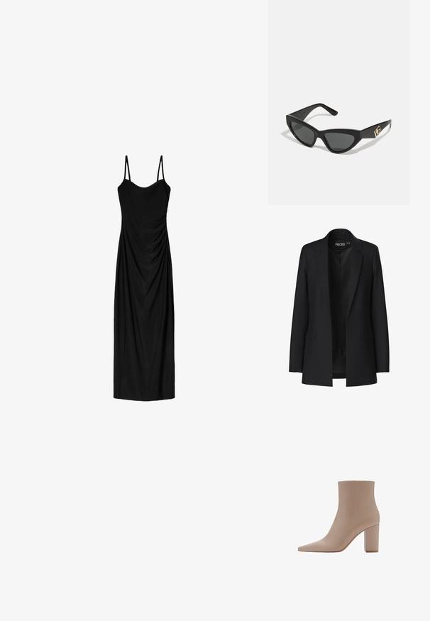 Zwarte blazer met een op maat gemaakt ontwerp, klepjes met een notched design, twee voorkwagendockets en een open voorkant. Gemaakt van gladde stof met een gestructureerde vorm.; Zwart midi-jurk met dunne verstelbare bandjes, voorzien van een gedrapeerd ontwerp en een gladde textuur. Geen zichtbare patronen of versieringen.; Beige enkelboot met een spitse neus, gemaakt van een glad materiaal, met een transparante blokhak en een minimalistisch ontwerp.; Cat-eye zonnebrillen met een matte zwart plastic frame, donkere lenzen en een gouden logo-accent op de poot. Hoekig ontwerp en een soepele textuur.; Bruin leren schoudertas met logo-patroon, gouden kettingband, ritsluiting en gouden hardwareaccenten. Compacte en rechthoekige vorm.