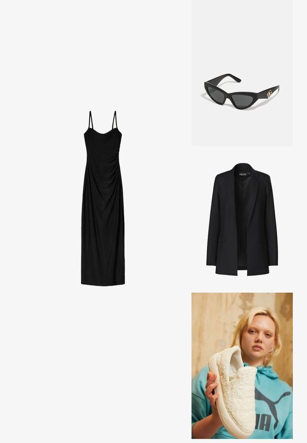 Čierny blazer s prispôsobeným strihom, so špicatými klopami, dvoma prednými vreckami a otvoreným predkom. Vyrobený z hladkej tkaniny so štruktúrovaným tvarom.; Čierne midi šaty s tenkými nastaviteľnými ramienkami, s prekrývajúcim sa dizajnom a hladkou textúrou. Žiadne viditeľné vzory ani zdobenie.; Biele slip-on topánky s nadýchanou textúrou, vypolstrovaným golierom a textúrovanou podrážkou. Majú nenápadné logo značky na boku a svetlo béžovú podrážku.; Slnečné okuliare v tvare mačacích očí s matným čiernym plastovým rámom, tmavými sklami a zlatým logom na bočnej strane. Ostrý dizajn a hladká textúra.; Hnedá kožená crossbody taška s logom, zlatým reťazcom, zipsovým uzáverom a zlatými prvkami. Kompaktnej a obdĺžnikovej forme.