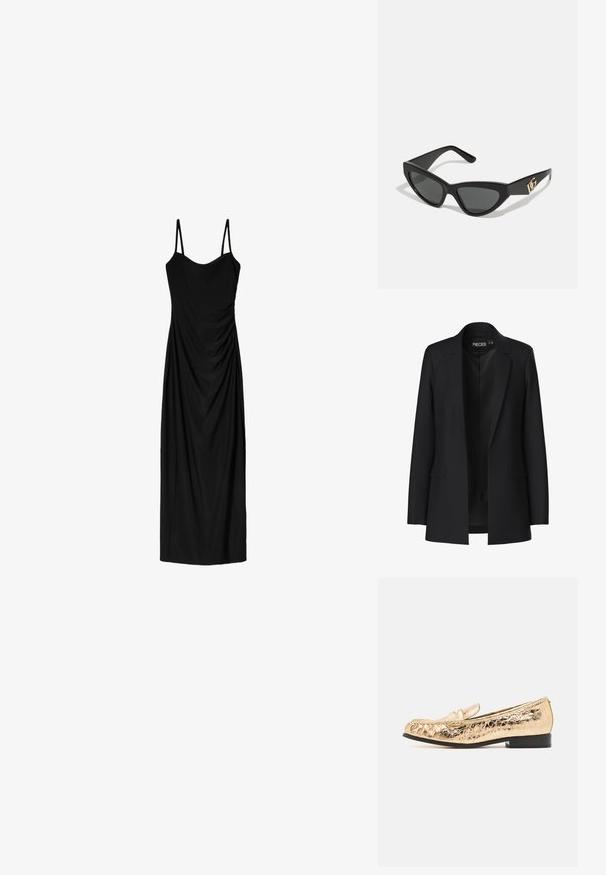 Black blazer with a tailored design, notched lapels, two front pockets, and an open front. Made of smooth fabric with a structured shape.; Black midi dress with thin adjustable straps, featuring a draped design and smooth texture. No visible patterns or embellishments.; Gold synthetic loafers with a textured finish, rounded toe, and a decorative strap. Features a low black heel and stitched detailing.; Cat-eye sunglasses with a matte black plastic frame, dark lenses, and a gold logo accent on the temple. Angular design and smooth texture.; Brown leather crossbody bag with logo pattern, gold chain strap, zipper closure, and gold hardware accents. Compact and rectangular shape.