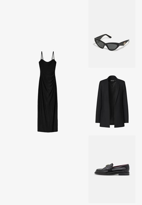 Black blazer with a tailored design, notched lapels, two front pockets, and an open front. Made of smooth fabric with a structured shape.; Black midi dress with thin adjustable straps, featuring a draped design and smooth texture. No visible patterns or embellishments.; Black leather loafers with a stitched pattern, smooth texture, gold buckle detail, and a rounded toe, set on a low black sole.; Cat-eye sunglasses with a matte black plastic frame, dark lenses, and a gold logo accent on the temple. Angular design and smooth texture.; Brown leather crossbody bag with logo pattern, gold chain strap, zipper closure, and gold hardware accents. Compact and rectangular shape.