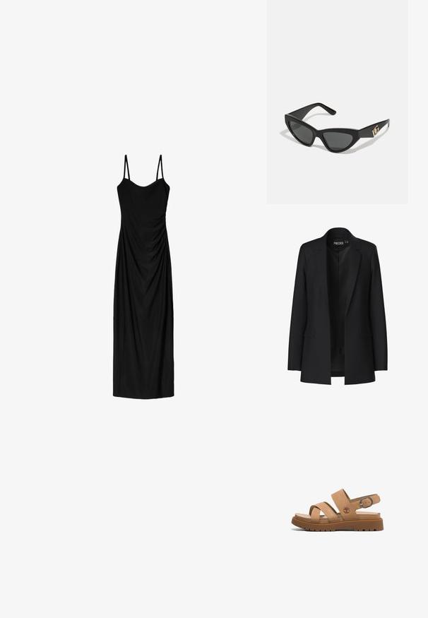 Czarna marynarka o dopasowanym kroju, z klapami, dwiema przednimi kieszeniami i otwartym przodem. Wykonana z gładkiego materiału o wyraźnie zarysowanym kształcie.; Czarna midi sukienka z cienkimi regulowanymi ramiączkami, z drapowaną formą i gładką teksturą. Brak widocznych wzorów lub ozdób.; Brązowe skórzane sandały z dwiema szerokimi paskami, tylnym paskiem z metalowym zapięciem oraz masywną gumową podeszwą o teksturowanym wzorze.; Okulary przeciwsłoneczne w kształcie kocich oczu z matową czarną oprawką z plastiku, ciemnymi soczewkami oraz złotym akcentem z logo na zausznicy. Kanciasty kształt i gładka tekstura.; Brązowa skórzana torebka na ramię z wzorem logo, złotym łańcuszkiem na pasku, zapięciem na zamek błyskawiczny oraz złotymi akcentami. Kompaktowy i prostokątny kształt.