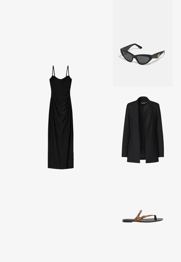 Zwarte blazer met een op maat gemaakt ontwerp, klepjes met een notched design, twee voorkwagendockets en een open voorkant. Gemaakt van gladde stof met een gestructureerde vorm.; Zwart midi-jurk met dunne verstelbare bandjes, voorzien van een gedrapeerd ontwerp en een gladde textuur. Geen zichtbare patronen of versieringen.; Tan leren teenslipper met een gouden gespdetail, een platte zwarte zool en een minimalistisch ontwerp, met een soepele textuur.; Cat-eye zonnebrillen met een matte zwart plastic frame, donkere lenzen en een gouden logo-accent op de poot. Hoekig ontwerp en een soepele textuur.; Bruin leren schoudertas met logo-patroon, gouden kettingband, ritsluiting en gouden hardwareaccenten. Compacte en rechthoekige vorm.