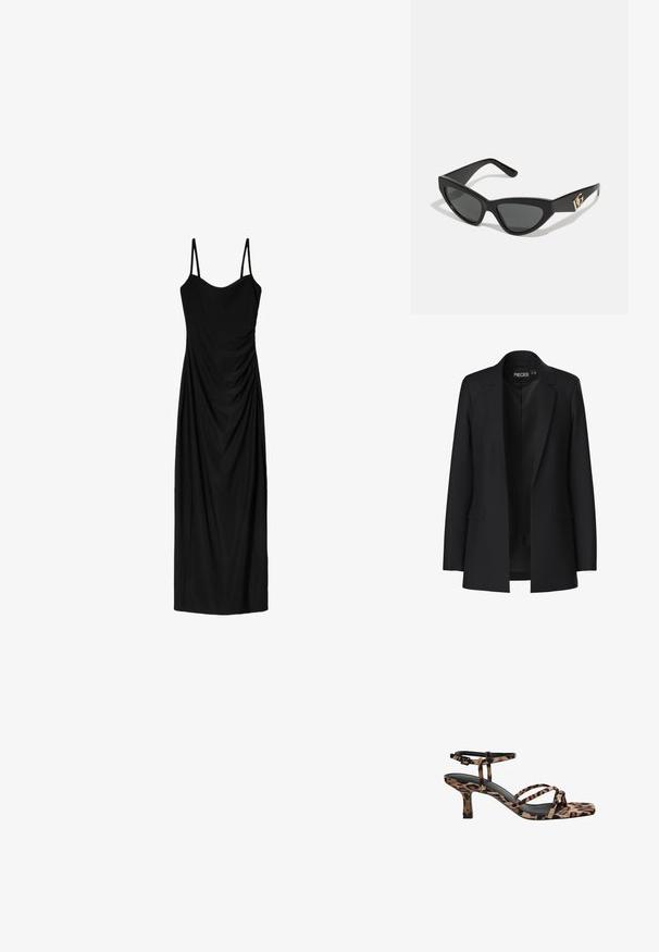 Sort blazer med skræddersyet design, med gennembrydne klapper, to forlommer og åben front. Lavet af glat stof med en struktureret form.; Sort midi-kjole med tynde, justerbare stropper, der har et draperet design og en glat tekstur. Ingen synlige mønstre eller udsmykninger.; Sandaler med hæl i leopardmønster og firkantet tå, med flere stropper og en mellemhøj hæl. Fremstillet af blødt tekstilmateriale.; Cat-eye solbriller med en mat sort kunststoframme, mørke linser og en guldfarvet logoaccent på stænger. Vinklet design og glat overflade.; Brun læder crossover taske med logo mønster, guldkæde rem, lynlås lukning og gyldne hardware detaljer. Kompakt og rektangulær form.