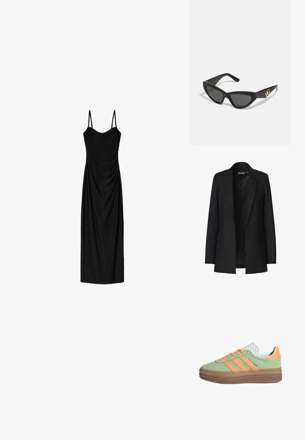 Čierny blazer s prispôsobeným strihom, so špicatými klopami, dvoma prednými vreckami a otvoreným predkom. Vyrobený z hladkej tkaniny so štruktúrovaným tvarom.; Čierne midi šaty s tenkými nastaviteľnými ramienkami, s prekrývajúcim sa dizajnom a hladkou textúrou. Žiadne viditeľné vzory ani zdobenie.; adidas Originals GAZELLE BOLD - Tenisky - semi green spark screaming orange core white; Slnečné okuliare v tvare mačacích očí s matným čiernym plastovým rámom, tmavými sklami a zlatým logom na bočnej strane. Ostrý dizajn a hladká textúra.; Hnedá kožená crossbody taška s logom, zlatým reťazcom, zipsovým uzáverom a zlatými prvkami. Kompaktnej a obdĺžnikovej forme.