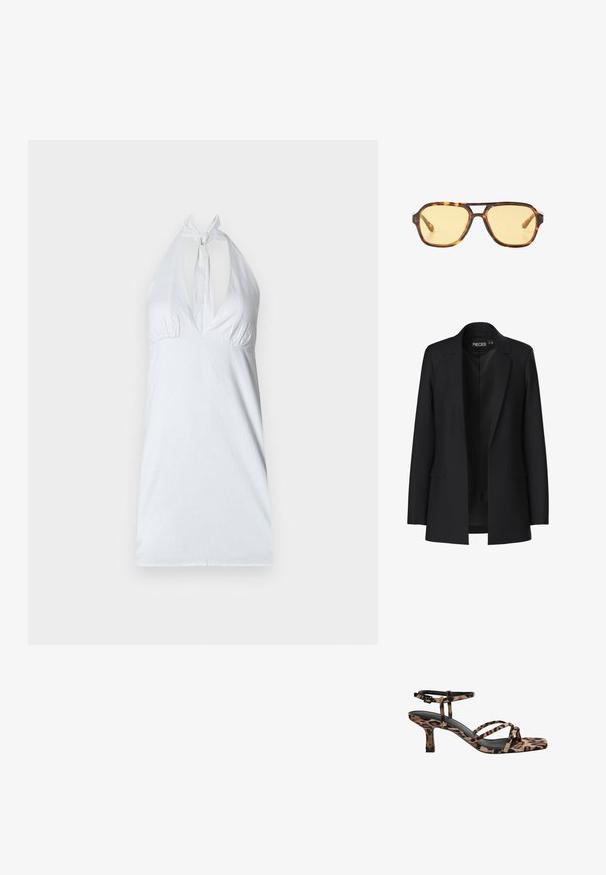 Fekete zakó, igényes szabással, sarkított hajtókákkal, két elülső zsebbel és nyitott elejével. Simaszerű anyagból készült, jól formált fazonnal.; Fehér nyakpántos felső mély V-kivágással, alul ráncolt részletekkel és állítható nyakkal. Sima textúra, minimalista dizájn.; Leopárdmintás, négyzetes orrú magassarkú szandál, több pánttal és közepes magasságú sarkával. Puha textilből készült.; Teknősbéka mintázatú napszemüveg geometrikus dizájnal, sárga lencsékkel és fém díszítésekkel a szárakon. Széles keret és matt textúra.; Barna bőr keresztpántos táska logómintával, arany láncos pánttal, cipzáras záródással és arany fémkiegészítőkkel. Kompakt és téglalap alakú dizájn.