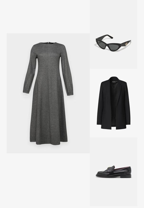 Schwarzes Blazer mit taillierter Passform, Eingrifftaschen und offenem Front. Hergestellt aus glattem Stoff mit strukturierter Form.; WEEKEND MaxMara WILMA - Freizeitkleid - grigio medio; Schwarze Lederloafers mit einem gestickten Muster, glatter Textur, goldenen Schnallendetails und einer runden Zehenform, auf einer niedrigen schwarzen Sohle.; Cat-Eye-Sonnenbrille mit mattem schwarzen Kunststoffrahmen, dunklen Gläsern und einem goldenen Logoplatz auf dem Bügel. Winkeliges Design und glatte Oberfläche.