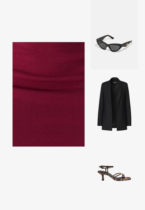 Musta bleiseri, jossa on räätälöity muotoilu, leikatut kaulukset, kaksi etutaskua ja avoin etuosa. Valmistettu sileästä kankaasta, jossa on jämäkkä muoto.; Burgundin värinen venyvä kangas, jossa on sileä pinta ja hienovaraisia laskeutumisdetaljeja. Yhtenäinen väri, ei kuvioita tai varusteita.; Naiskahva leopardikuosiset korkokengät, joissa on neliönmuotoinen kärki, useita remmejä ja keskipitkä korko. Valmistettu pehmeästä tekstiilimateriaalista.; Aurinkolasit kissansilmällä, joissa on matta musta muovikehys, tummat linssit ja kultainen logokiinnitys temppeleissä. Kulmikas muotoilu ja sileä pinta.; Ruskea nahkainen olkalaukku, jossa on logokuvio, kultaketjuolkaint, vetoketjukiinnitys ja kultaiset metalliosat. Kompakti ja suorakulmainen muoto.