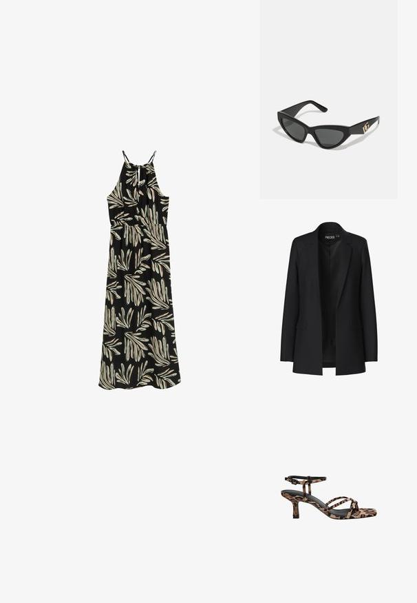 Crni sako s krojenim dizajnom, reverima, dva prednja džepa i otvorenim prednjim dijelom. Izrađen od glatkog materijala sa strukturiranim oblikom.; Crna maksi haljina s uzorkom lišća u bež i svijetloplavoj boji. Halter vrat dizajn s podesivim naramenicama i elastičnom strukom.; Sandal na visokoj peti s leopard uzorkom, kvadratnim vrhom, višestrukim trakama i srednjom petom. Napravljen od mekanog tekstilnog materijala.; Naočale u obliku mačjih očiju s okvirom od mat crne plastike, tamnim lećama i zlatnim logotipom na sljepočnici. Kutni dizajn i glatka tekstura.; Smeđa kožna torba preko ramena s uzorkom loga, zlatna lanac trakica, zatvaranje na patentni zatvarač i zlatni metalni detalji. Kompaktna i pravokutna forma.
