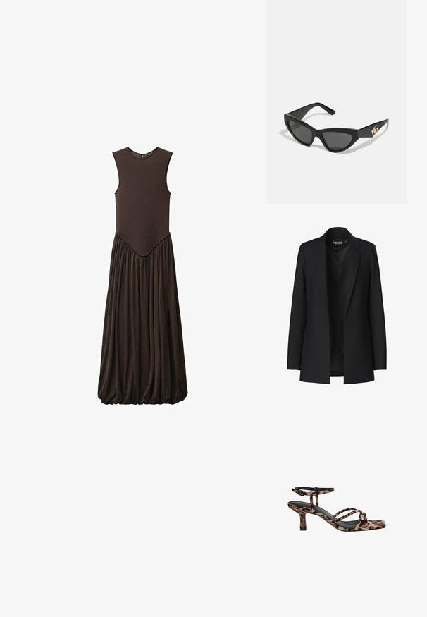 Sort blazer med skræddersyet design, med gennembrydne klapper, to forlommer og åben front. Lavet af glat stof med en struktureret form.; Udenærmet brun kjole med tætsiddende top og voluminøs, samlet nederdel. Lavet af blødt stof med en glat tekstur og rund udskæring.; Sandaler med hæl i leopardmønster og firkantet tå, med flere stropper og en mellemhøj hæl. Fremstillet af blødt tekstilmateriale.; Cat-eye solbriller med en mat sort kunststoframme, mørke linser og en guldfarvet logoaccent på stænger. Vinklet design og glat overflade.; Brun læder crossover taske med logo mønster, guldkæde rem, lynlås lukning og gyldne hardware detaljer. Kompakt og rektangulær form.