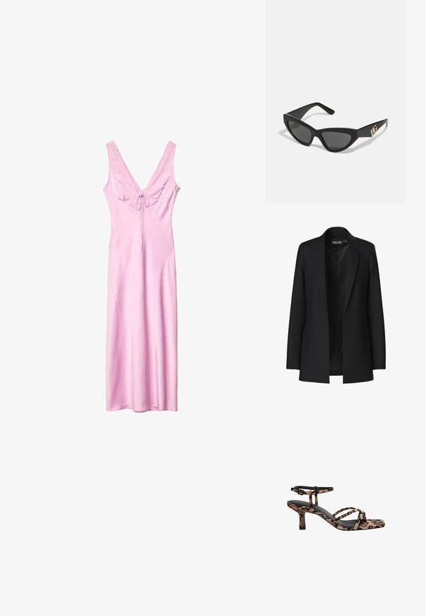 Crni sako s krojenim dizajnom, reverima, dva prednja džepa i otvorenim prednjim dijelom. Izrađen od glatkog materijala sa strukturiranim oblikom.; Roza maksi haljina bez rukava s V-rezom, čipkastim detaljima i mašnom sprijeda. Izrađena od glatkog, strukturiranog materijala.; Sandal na visokoj peti s leopard uzorkom, kvadratnim vrhom, višestrukim trakama i srednjom petom. Napravljen od mekanog tekstilnog materijala.; Naočale u obliku mačjih očiju s okvirom od mat crne plastike, tamnim lećama i zlatnim logotipom na sljepočnici. Kutni dizajn i glatka tekstura.; Smeđa kožna torba preko ramena s uzorkom loga, zlatna lanac trakica, zatvaranje na patentni zatvarač i zlatni metalni detalji. Kompaktna i pravokutna forma.