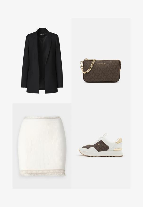 Blazer nero con un design su misura, colletto a revers, due tasche frontali e apertura frontale. Realizzato in tessuto liscio con una forma strutturata.; Maglione a collo alto di un delicato rosa chiaro, realizzato in morbido tessuto a maglia. Presenta maniche lunghe e un collo e un orlo a coste. Design classico e aderente.; Gonna bianca a costine con una forma aderente e dettagli in frange all'orlo. Presenta un accento beige chiaro con un motivo. Texture liscia.; Sneakers bianchi con pannello in tessuto a motivo marrone, dettagli in metallo dorato, punta rotonda, design con lacci e suola in gomma texturizzata.; Borsa a tracolla in pelle marrone con motivo logo, tracolla in catena dorata, chiusura con zip e dettagli in metallo dorato. Forma compatta e rettangolare.