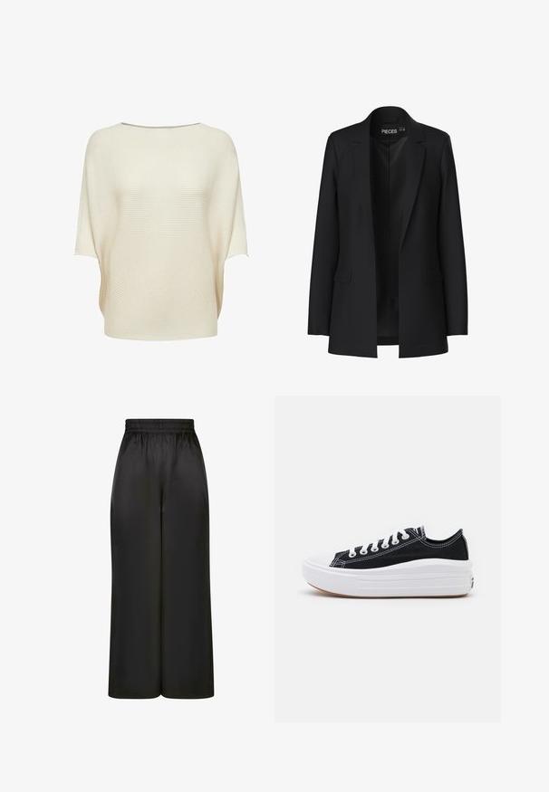 Black blazer with a tailored design, notched lapels, two front pockets, and an open front. Made of smooth fabric with a structured shape.; Cream-colored knit top with a wide boat neckline, short sleeves, and a ribbed texture. Loose fit with a curved hem.; Black wide-leg pants made of smooth, shiny fabric with an elastic waistband and no visible pockets or hardware details.; Black canvas sneakers with white laces, white rubber toe cap, and a chunky white midsole. Features subtle white stitching and a gum sole.