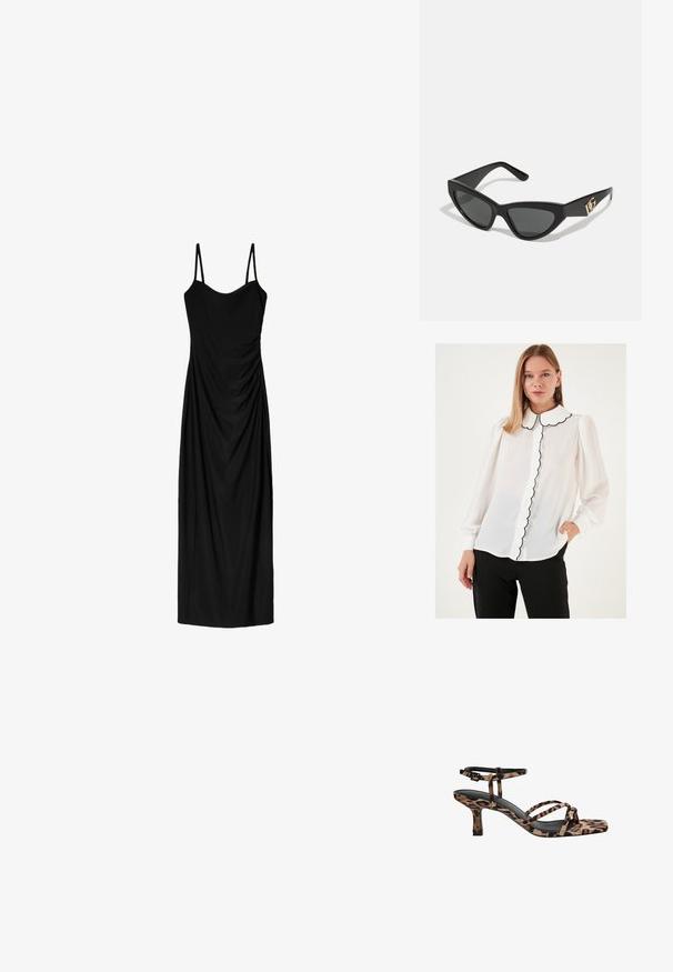 Schwarzes Blazer mit taillierter Passform, Eingrifftaschen und offenem Front. Hergestellt aus glattem Stoff mit strukturierter Form.; Weiße Bluse mit einem gewellten Kragen, ausgestattet mit einem schwarzen Saum und einer Knopfleiste. Lange Ärmel mit elastischen Bündchen, aus einem transparenten Material gefertigt.; Schwarzes Midi-Kleid mit dünnen verstellbaren Trägern, das ein drapiertes Design und eine glatte Textur aufweist. Keine sichtbaren Muster oder Verzierungen.; Leopardenmuster Absatzsandalen mit Quadratzehen, mehreren Riemen und einem mittelhohen Absatz. Hergestellt aus weichem Textilmaterial.; Cat-Eye-Sonnenbrille mit mattem schwarzen Kunststoffrahmen, dunklen Gläsern und einem goldenen Logoplatz auf dem Bügel. Winkeliges Design und glatte Oberfläche.; Braune Leder-Crossbody-Tasche mit Logo-Muster, goldener Kettenriemen, Reißverschlussverschluss und goldenen Hardware-Details. Kompakte und rechteckige Form.