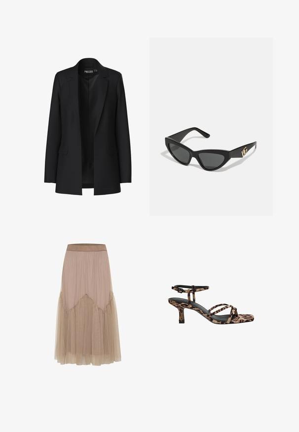 Sort blazer med skræddersyet design, med gennembrydne klapper, to forlommer og åben front. Lavet af glat stof med en struktureret form.; To sæt langærmede turtleneck toppe, en hvid og en sort, lavet af et glat, strækbart stof, begge med slim-fit design og høje kraver.; Lang beige nederdel lavet af et blødt, let stof. Tyll-overlappen har bølgede kanter, hvilket skaber en lagdelt tekstur og A-formet silhuet.; Sandaler med hæl i leopardmønster og firkantet tå, med flere stropper og en mellemhøj hæl. Fremstillet af blødt tekstilmateriale.; Cat-eye solbriller med en mat sort kunststoframme, mørke linser og en guldfarvet logoaccent på stænger. Vinklet design og glat overflade.; Brun læder crossover taske med logo mønster, guldkæde rem, lynlås lukning og gyldne hardware detaljer. Kompakt og rektangulær form.