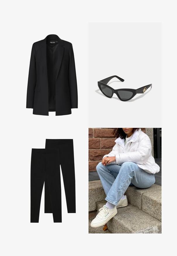 Blazer preto com um design ajustado, lapelas recortadas, dois bolsos frontais e frente aberta. Feito de um tecido suave com uma forma estruturada.; Duas blusas de gola alta de manga longa, uma branca e uma preta, feitas de um tecido liso e elástico, ambas com um design justo e colares altos.; Leggings pretos feitos de um tecido elástico, com uma cintura sem costuras e um design justo, adequados para uso casual ou exercício.; Casaco puff branco com gola alta, calças de ganga azul claro e ténis brancos da Reebok. Degraus de pedra texturizados ao fundo.; Óculos de sol com formato de gato, com uma armação de plástico preto fosco, lentes escuras e um detalhe em logotipo dourado na haste. Design angular e textura suave.