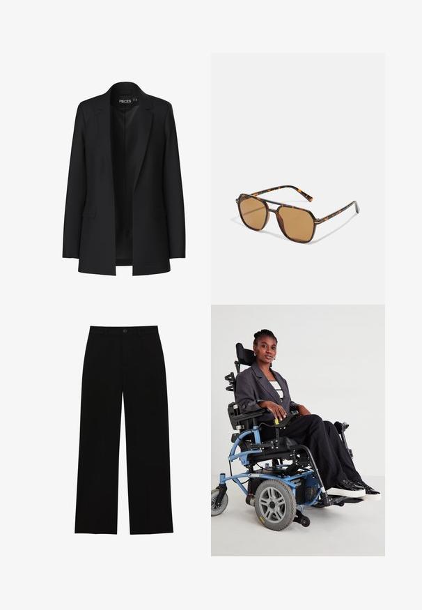 Černý blejzr s propracovaným designem, se špičatými klopami, dvěma předními kapsami a otevřeným předním dílem. Vyrobený z hladké látky se strukturovaným tvarem.; Dvě dlouhé rolákové topy, jeden bílý a jeden černý, vyrobené z hladkého, elastického materiálu, oba s přiléhavým střihem a vysokými límci.; Černé, vysoké kalhoty s širokým střihem vyrobené z hladkého materiálu, s plochým předním dílem, zapínáním na knoflík a bez viditelných kapes.; Elektrický vozík s modrým rámem, černým sedadlem a šedými koly. Uživatel má na sobě šedý blazer a černé pruhované kalhoty, sedí sebevědomě.; Sluneční brýle s hnědým nádechem, želvovinovým rámem, obdélníkovými skly a štíhlými stranami s oranžovým akcentovým vzorem.; Hnědá semišová kabelka se zlatým čtvercovým zapínáním, horním uchopem a řetízkovým popruhem. Vyznačuje se obdélníkovým tvarem a zaoblenými okraji.