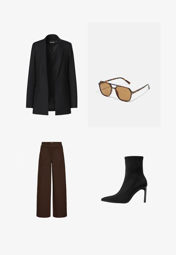 Čierny blazer s prispôsobeným strihom, so špicatými klopami, dvoma prednými vreckami a otvoreným predkom. Vyrobený z hladkej tkaniny so štruktúrovaným tvarom.; Dvoje dlhých rolákov, jeden biely a jeden čierny, vyrobených z hladkej, elastickej tkaniny, obidva so slim-fit strihom a vysokými goliermi.; Hnedé široké nohavice vyrobené z hladkej tkaniny, s vysokým pásom a dvoma prednými plisovaním, navrhnuté na voľný strih.; Čierne členkové čižmy vyrobené z hladkej semišovej kože, s špicatou špičkou a vysokým ihlovým podpätkom. Plynulý, minimalistický dizajn bez ozdôb.; Hnedé slnečné okuliare s rámom z korytnačiny, obdĺžnikové šošovky a štíhle nožičky s oranžovým akcentom.; Hnedá semišová kabelka so zlatým štvorcovým uzávery, hornou rukoväťou a reťazovým popruhom. Má obdĺžnikový tvar a zaoblené okraje.