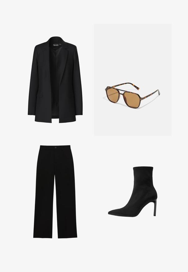 Zwarte blazer met een op maat gemaakt ontwerp, klepjes met een notched design, twee voorkwagendockets en een open voorkant. Gemaakt van gladde stof met een gestructureerde vorm.; Twee lange mouwen turtleneck tops, één wit en één zwart, gemaakt van een gladde, rekbare stof, beide met een slank passend ontwerp en hoge kraag.; Zwarte, hoge taille, wijde broek gemaakt van een gladde stof, met een flatte voorkant, knoopsluiting en geen zichtbare zakken.; Zwarte enkellaarsjes van gladde suède, met een puntige neus en een hoge stilettohak. Strak, minimalistisch ontwerp zonder versieringen.; Bruine zonnebril met een schildpadframe, rechthoekige lenzen en slanke armen met een oranje accentpatroon.; Bruine suède handtas met een gouden vierkante sluiting, bovenhandvat en kettingband. Heeft een rechthoekige vorm en ronde hoeken.