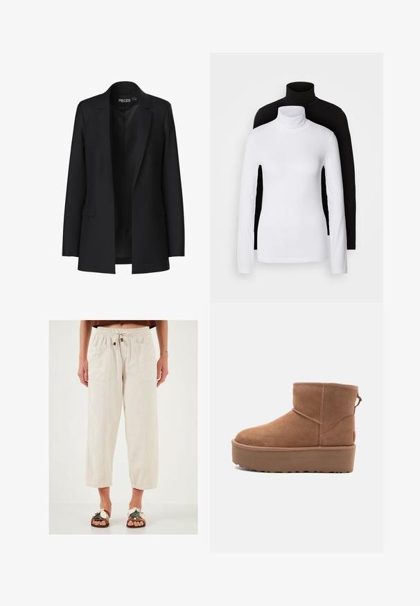 Sort blazer med skræddersyet design, med gennembrydne klapper, to forlommer og åben front. Lavet af glat stof med en struktureret form.; To sæt langærmede turtleneck toppe, en hvid og en sort, lavet af et glat, strækbart stof, begge med slim-fit design og høje kraver.; Beige, lette, bredde benbukser med elastisk talje, snørelukning og to forlommer. Struktureret stof med en afslappet pasform.; Tan ruskinds ankelstøvle med platformssål, rund tå og syninger; har en løkke bagpå for nem påtagning.