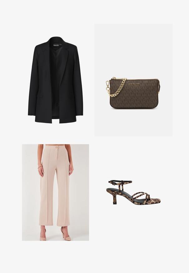 Schwarzes Blazer mit taillierter Passform, Eingrifftaschen und offenem Front. Hergestellt aus glattem Stoff mit strukturierter Form.; Zwei nahtlose Schlauchschals: einer schwarz und einer weiß. Beide bestehen aus weichem, dehnbarem Material und haben eine glatte Textur ohne Muster.; Beige hoch taillierte weit geschnittene Hose aus strukturiertem Stoff, mit einem Frontknopfverschluss und seitlichen Taschen, mit einem sauberen Finish.; Leopardenmuster Absatzsandalen mit Quadratzehen, mehreren Riemen und einem mittelhohen Absatz. Hergestellt aus weichem Textilmaterial.; Braune Leder-Crossbody-Tasche mit Logo-Muster, goldener Kettenriemen, Reißverschlussverschluss und goldenen Hardware-Details. Kompakte und rechteckige Form.