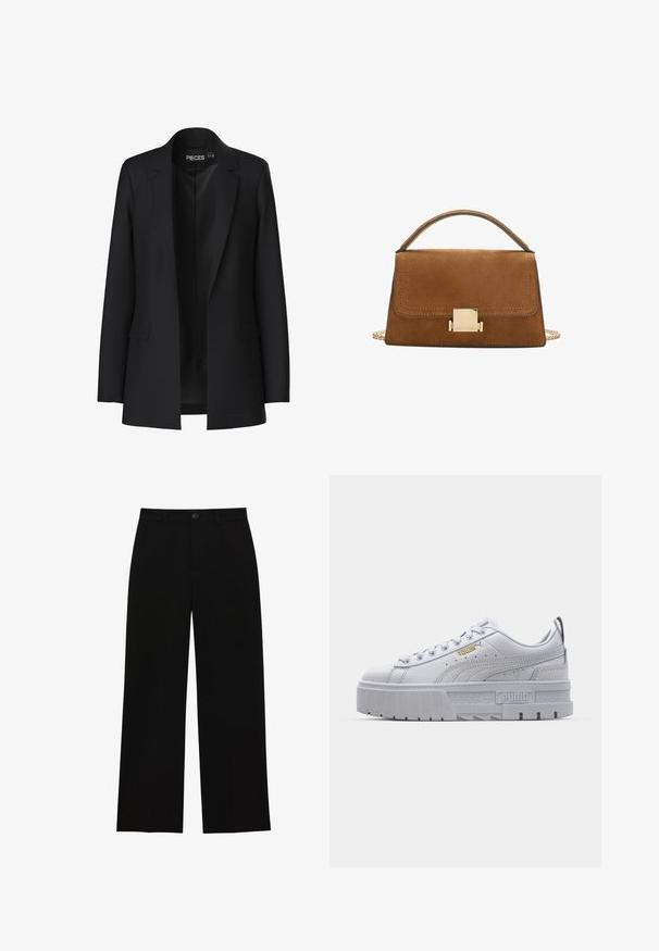 Svart kavaj med skräddarsydd design, slagkrage, två framfickor och öppen front. Tillverkad av ett slätt tyg med en strukturerad form.; Vit kortärmad t-shirt i bomull. Rundhalsdesign med en mjuk textur och inga synliga mönster eller detaljer. Enkel stil.; Svarta, högmidjade wide-leg byxor i ett slätt tyg, med platt front, knappstängning och utan synliga fickor.; Vita plattformssneakers med en slät läderöverdel, vadderad krage, grå gummisula och gulddetaljer med Puma-logotypen.; Brun mockaklänningshandväska med ett guld fyrkantigt spänne, topphandtag och kedjesnodd. Har en rektangulär form och rundade kanter.