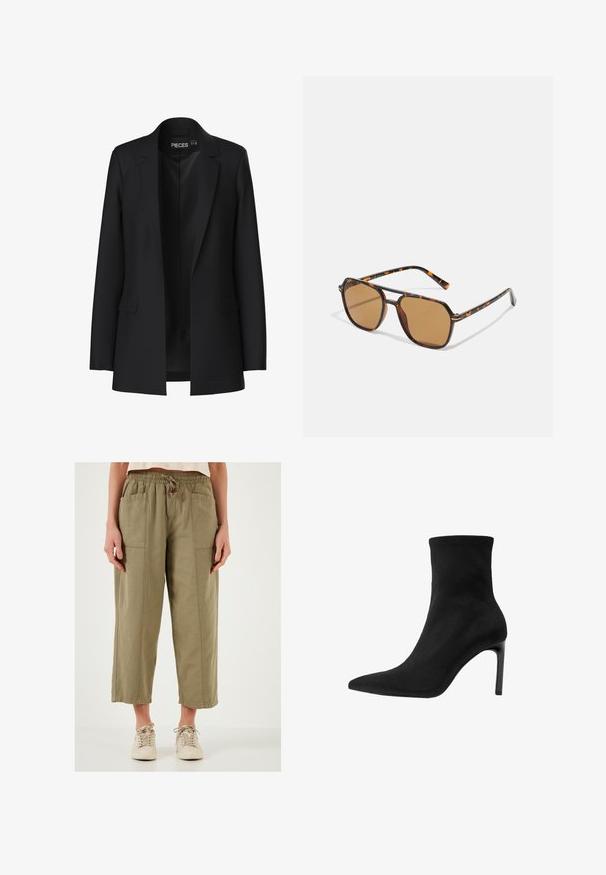 Czarna marynarka o dopasowanym kroju, z klapami, dwiema przednimi kieszeniami i otwartym przodem. Wykonana z gładkiego materiału o wyraźnie zarysowanym kształcie.; Czarna bluzka z długim rękawem o kwadratowym dekolcie, wykonana z gładkiego materiału, z krótkim pasa i bez dodatkowych wzorów czy ozdób.; Jasno oliwkowe, krótkie spodnie z teksturowanej tkaniny, z elastyczną talią i przednimi kieszeniami. W zestawie z beżowymi sneakersami.; Czarne botki sięgające kostki, wykonane z gładkiego zamszu, z ostro zakończonym noskiem i wysokim obcasem typu stiletto. Elegancki, minimalistyczny design bez zdobień.; Brązowe okulary przeciwsłoneczne z oprawką w deseń żółwia, prostokątne soczewki i smukłe zauszniki z pomarańczowym wzorem.