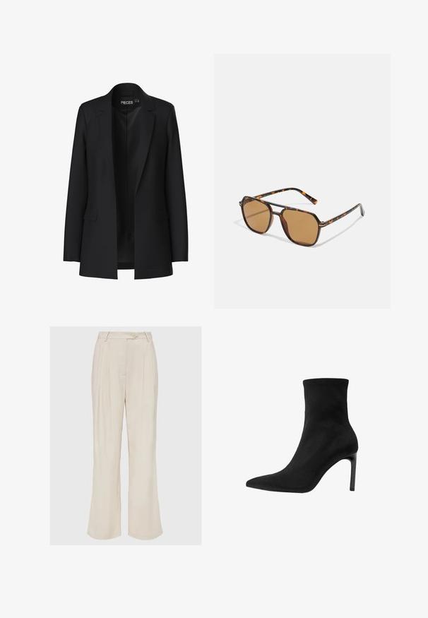 Čierny blazer s prispôsobeným strihom, so špicatými klopami, dvoma prednými vreckami a otvoreným predkom. Vyrobený z hladkej tkaniny so štruktúrovaným tvarom.; Biela dlhá rukáv turtleneck košeľa vyrobená z hladkej, pružnej látky. Má priliehavý strih a vysoký golier. Bez viditeľných vzorov alebo akcentov.; Béžové plisované nohavice vyrobené z ľahkej tkaniny, s gombíkovým zapínaním a uvoľneným širokým strihom. Hladká textura a ostré línie.; Čierne členkové čižmy vyrobené z hladkej semišovej kože, s špicatou špičkou a vysokým ihlovým podpätkom. Plynulý, minimalistický dizajn bez ozdôb.; Hnedé slnečné okuliare s rámom z korytnačiny, obdĺžnikové šošovky a štíhle nožičky s oranžovým akcentom.; Čierna látková taška s textúrovaným, prešívaným vzorom. Zaoblený tvar, krátke, hrubé rúčky a mäkká, flexibilná konštrukcia.