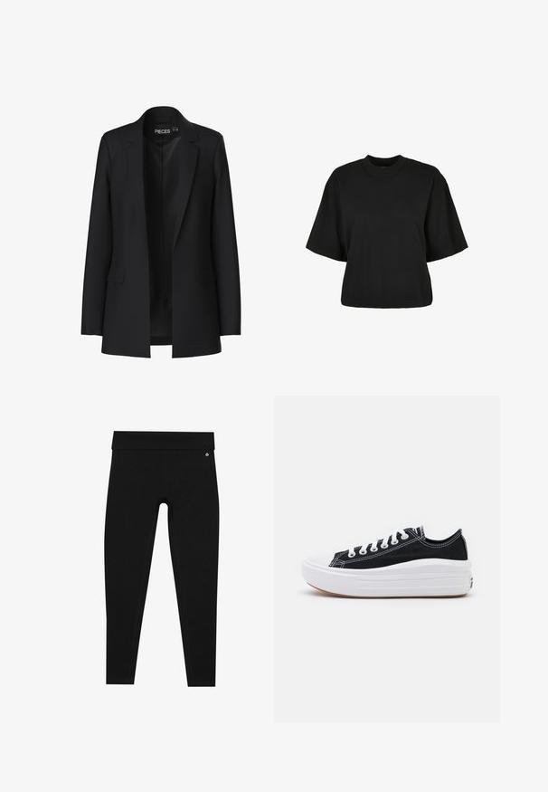 Musta bleiseri, jossa on räätälöity muotoilu, leikatut kaulukset, kaksi etutaskua ja avoin etuosa. Valmistettu sileästä kankaasta, jossa on jämäkkä muoto.; Mustat lyhyet hihattomat t-paidat, valmistettu puuvillasta. Siinä on lyhyt hihat ja pyöreä pääntie. Sileä rakenne yksinkertaisella muotoilulla, ilman ylimääräisiä kuvioita.; Musta leggingsit korkean vyötärön kanssa. Valmistettu sileästä ja joustavasta materiaalista, jossa on litteät saumat ja pieni logotunnus vyötärön lähellä.; Mustat kangaskengät valkoisilla nauhoilla, valkoisella kumitupsulla ja paksulla valkoisella välipohjalla. Ominaisuuksiin kuuluu hienovarainen valkoinen ommel ja kumipohja.
