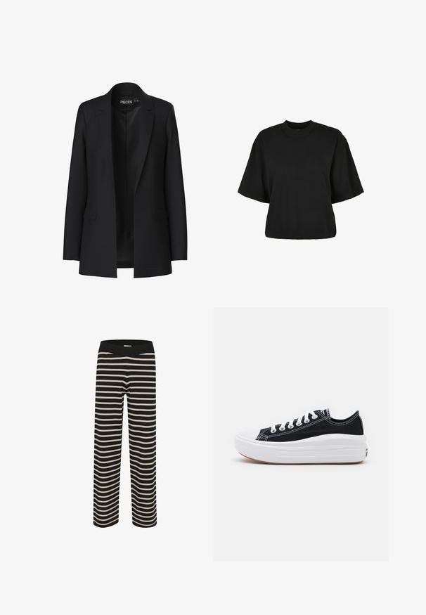 Črn blazer s krojem po meri, z vyrezanimi klapnicami, dvema sprednjima žepoma in odprtim sprednjim delom. Narejen je iz gladkega materiala z utrjenim oblikovanjem.; Črna kratka majica iz bombaža. Ima kratke roke in okroglo izreza. Gladka tekstura z enostavnim dizajnom, brez dodatnih vzorcev.; Saint Tropez MILA STRIPED - Hlače - black; Črne platnene športne copate z belimi vezalkami, belim gumijastim prstnim zaščitnikom in masivnim belim srednjim podplatom. Imajo subtilne bele šive in gumijast podplat.