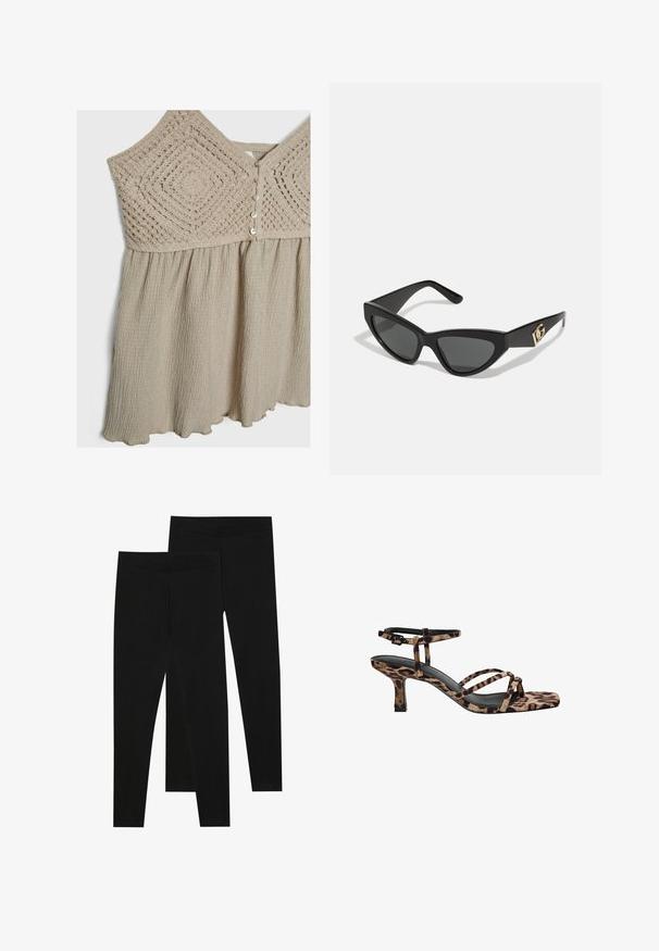 Černý blejzr s propracovaným designem, se špičatými klopami, dvěma předními kapsami a otevřeným předním dílem. Vyrobený z hladké látky se strukturovaným tvarem.; Světle béžové šaty s texturovaným háčkovaným korzetem a nařasenou sukní. Vkládací části mají knoflíkové zapínání a zvlněný lem. Měkká, vzdušná látka.; Černé legíny vyrobené z elastického materiálu, s bezešvým pasem a slim fit designem, vhodné pro každodenní nošení nebo cvičení.; Sandály na podpatku s leopardím vzorem, čtveratou špičkou, více popruhy a středně vysokým podpatkem. Vyrobeno z měkkého textilního materiálu.; Sunglasses ve tvaru kočičích očí s matným černým plastovým rámem, tmavými skly a zlatým logem na stranu. Úhlový design a hladká textura.; Hnědá kožená crossbody taška s logem, zlatým řetízkem, zipovým uzávěrem a zlatými akcenty. Kompaktní a obdélníkový tvar.