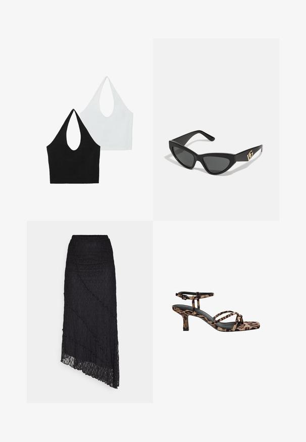 Czarna marynarka o dopasowanym kroju, z klapami, dwiema przednimi kieszeniami i otwartym przodem. Wykonana z gładkiego materiału o wyraźnie zarysowanym kształcie.; Dwa topy na ramiączkach w kolorze czarnym i białym. Czarny top ma głębokie wycięcie, natomiast biały top ma podobny fason, oba wykonane z miękkiego materiału.; ONLY ONLKIM czarny; Sandały na obcasie w panterkę, ze kwadratowym noskiem, wieloma paskami i średnim obcasem. Wykonane z miękkiego materiału tekstylnego.; Okulary przeciwsłoneczne w kształcie kocich oczu z matową czarną oprawką z plastiku, ciemnymi soczewkami oraz złotym akcentem z logo na zausznicy. Kanciasty kształt i gładka tekstura.