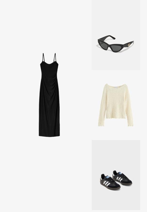Czarna marynarka o dopasowanym kroju, z klapami, dwiema przednimi kieszeniami i otwartym przodem. Wykonana z gładkiego materiału o wyraźnie zarysowanym kształcie.; Teksturowany kremowy sweter z długimi rękawami i szerokim dekoltem. Posiada pleciony wzór i falbaniasty dół. Wykonany z miękkiego materiału.; Czarna midi sukienka z cienkimi regulowanymi ramiączkami, z drapowaną formą i gładką teksturą. Brak widocznych wzorów lub ozdób.; Czarne sneakersy z zamszową i syntetyczną cholewką, wyposażone w trzy białe paski, teksturowaną gumową podeszwę oraz niebieską metkę z logo na języku.; Okulary przeciwsłoneczne w kształcie kocich oczu z matową czarną oprawką z plastiku, ciemnymi soczewkami oraz złotym akcentem z logo na zausznicy. Kanciasty kształt i gładka tekstura.; Brązowa skórzana torebka na ramię z wzorem logo, złotym łańcuszkiem na pasku, zapięciem na zamek błyskawiczny oraz złotymi akcentami. Kompaktowy i prostokątny kształt.