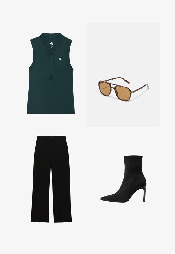 Sort blazer med skræddersyet design, med gennembrydne klapper, to forlommer og åben front. Lavet af glat stof med en struktureret form.; Grøn ærmeløs aktiv top med høj krave og frontlynt; glat tekstur med et lille logo på brystet. Velegnet til sport.; Sorte, højtsiddende, brede bukser lavet af et glat stof, med flad front, knaplukning og uden synlige lommer.; Sorte ankelstøvler lavet af glat suede, med spids tå og høj stilettohæl. Slank, minimalistisk design uden udsmykninger.; Brune-tonede solbriller med en skildpaddefarvet ramme, rektangulære linser og slanke arme med et orange accent mønster.; Brun ruskind handbag med en gylden firkantet spænde, top-håndtag og kæderem. Har en rektangulær form og afrundede kanter.